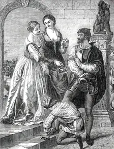 "The Departure of the Chevalier Bayard from Brescia" - painted by J. C. Hook, 1850. Creator: Unknown