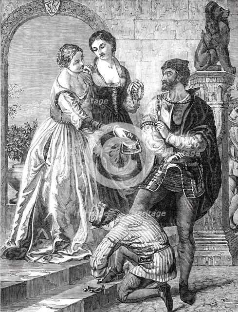 "The Departure of the Chevalier Bayard from Brescia" - painted by J. C.  Hook, 1850.  Creator: Unknown.