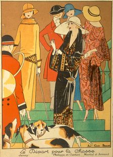 The Departure of the Hunt, fashion plate from Art, Gout, Beaute pub. 1923 (pochoir print)