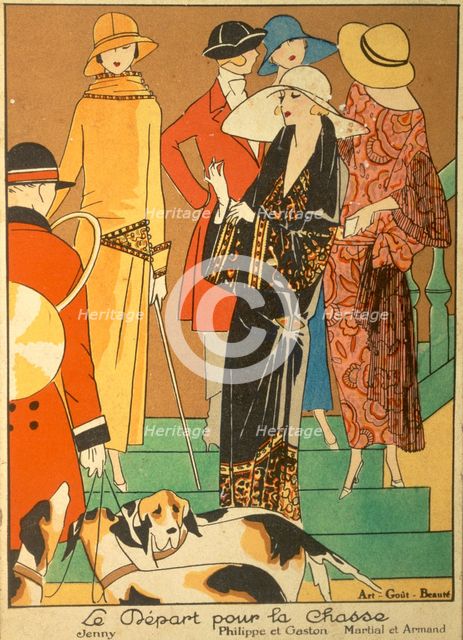 The Departure of the Hunt, fashion plate from 'Art, Gout, Beaute', pub. 1923 (pochoir print)