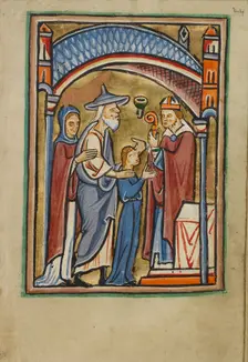 The Departure of the Virgin from the Temple; Illustrated Vita Christi..., about 1190-1200. Creator: Unknown