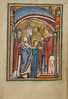 The Departure of the Virgin from the Temple; Illustrated Vita Christi..., about 1190-1200. Creator: Unknown