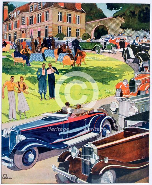 The departure of an automobile rally, 1931. Artist: Guy Sabran