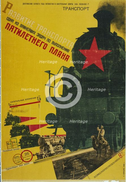 The Development of Transportation, The Five-Year Plan (Poster), 1929. Artist: Klutsis, Gustav (1895-1938)