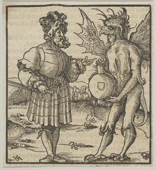 The Devil Offering Poison to a Knight, from Hymmelwagen auff dem, wer wol lebt..., 1517. Creator: Hans Schäufelein the Elder