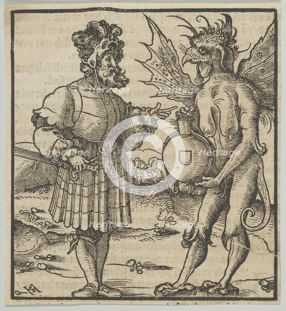The Devil Offering Poison to a Knight, from Hymmelwagen auff dem, wer wol lebt..., 1517. Creator: Hans Schäufelein the Elder.