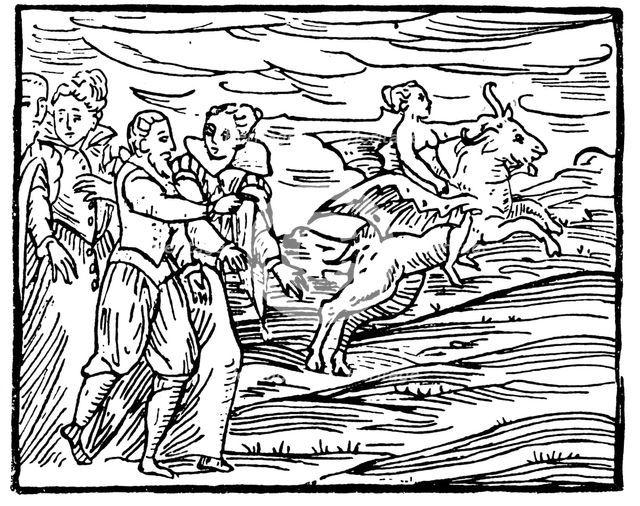 The Devil, in the form of a flying goat, carrying a witch to the Sabbath, 1608. Creator: Unknown.
