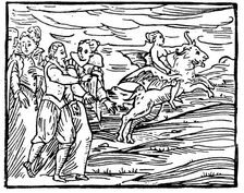 The Devil, in the form of a flying goat, carrying a witch to the Sabbath, 1608. Creator: Unknown