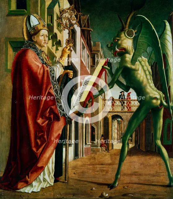 'The Devil Presenting St Augustin with the Book of Vices', c1455-1498.  Artist: Michael Pacher