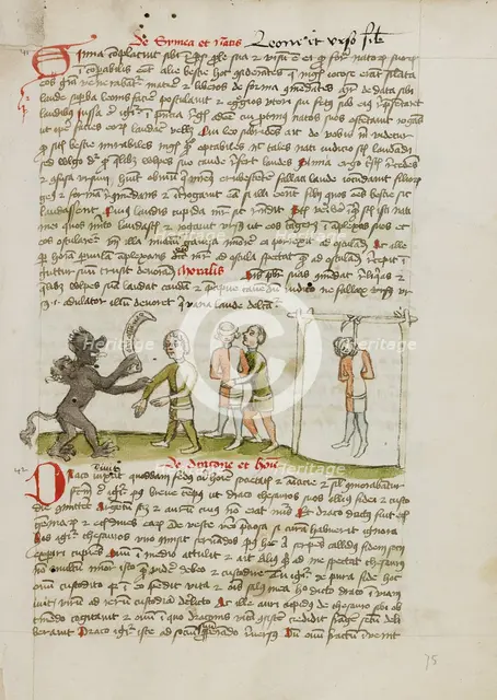 The Devil with a Man Wearing a Blindfold: The Man Hanging from a..., third quarter of 15th century. Creator: Unknown.