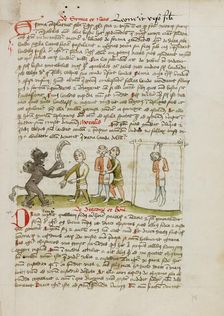 The Devil with a Man Wearing a Blindfold: The Man Hanging from a..., third quarter of 15th century. Creator: Unknown