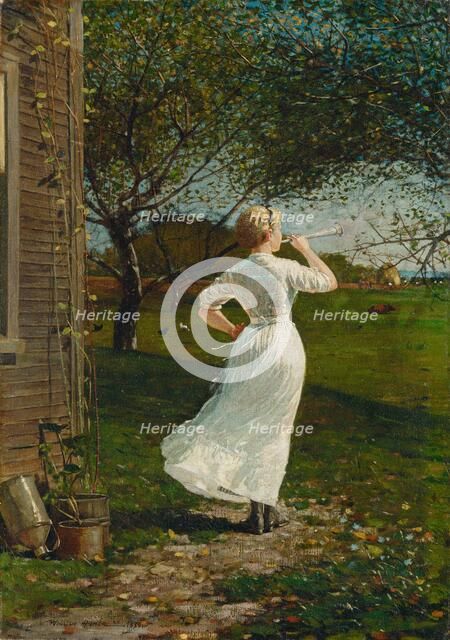 The Dinner Horn (Blowing the Horn at Seaside), 1870. Creator: Winslow Homer.