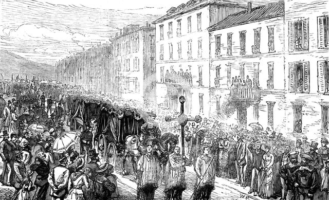 The Disaster at Nice: funeral passing through the Rue Cassini, 1881.  Creator: Unknown.