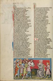 The Discovery of the Gold Hidden in the Corn Bags; Weltchronik, about 1400-1410. Creator: Unknown