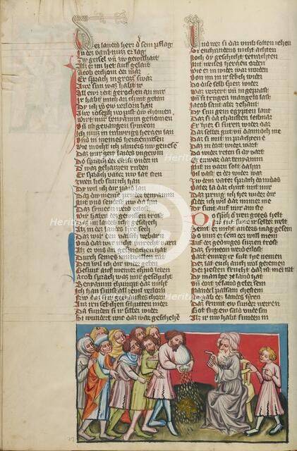 The Discovery of the Gold Hidden in the Corn Bags; Weltchronik, about 1400-1410. Creator: Unknown.