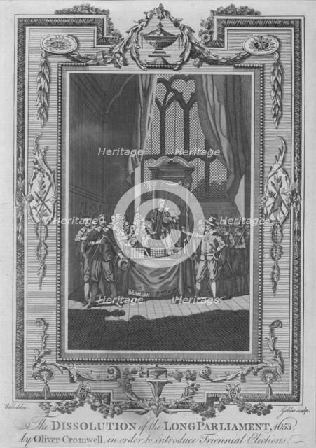 'The Dissolution of the Long Parliament, 1653, by Oliver Cromwell, in order to intoduce Triennal Ele Artist: John Goldar.