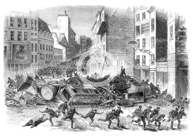 The Disturbances in Paris: barricade in the Faubourg du Temple, 1870. Creator: Unknown.