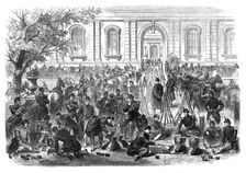 The Disturbances in Paris: bivouac of troops in the gardens and courtyard of the Luxembourg, 1870. Creator: Unknown