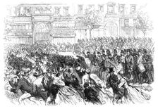 The Disturbances in Paris: cavalry clearing the boulevards on the night of June 10., 1869. Creator: Unknown