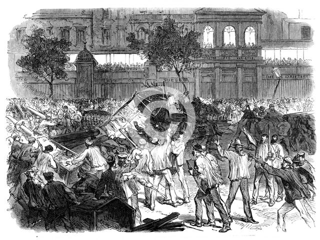 The Disturbances in Paris:...mob attempting to construct a barricade...Boulevard Montmartre..., 1869 Creator: Unknown.