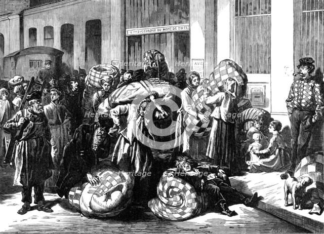 The Distress in Paris, distribution of bedding to the poor, 1874. Creator: Jenkin.