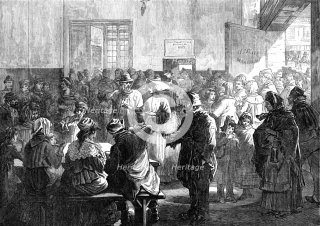 The Distress in Paris: giving soup to the poor at the charity kitchen, rue de Sevres, 1874. Creator: Jenkin.