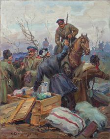 The distribution of Easter presents at the front, 1915. Creator: Stepan Fedorovic Kolesnikov