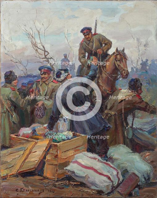 The distribution of Easter presents at the front, 1915. Creator: Stepan Fedorovic Kolesnikov.