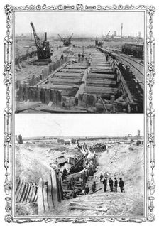 The Dock Disaster at Newport: the fatal trench before and after..., 1909. Creator: Collins