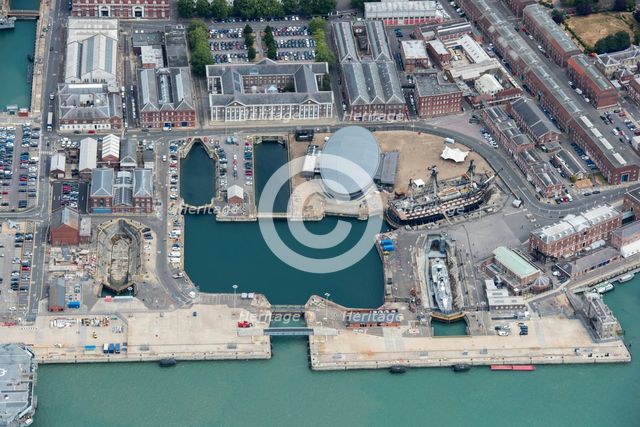 The dockyard, HMS Victory and the Mary Rose Museum, Portsmouth, City of Portsmouth, 2018. Creator: Damian Grady.