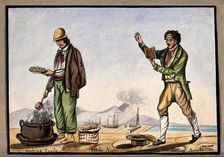 The dockside in Naples: a man is cooking snails in a pot over an open fire..., 1800-1899. Creator: Unknown