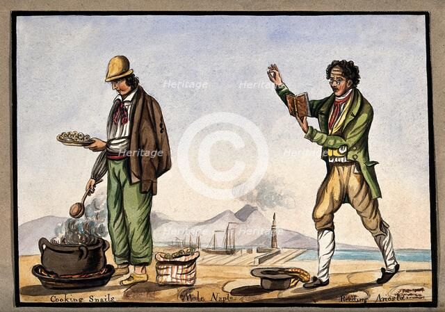 The dockside in Naples: a man is cooking snails in a pot over an open fire..., 1800-1899. Creator: Unknown.
