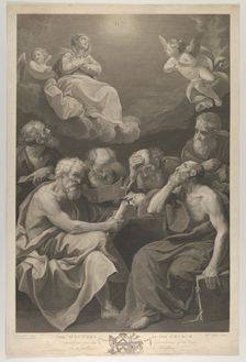 The doctors of the church consulting books and documents and contemplating the Virgin who ..., 1785. Creators: William Sharp, George Farington