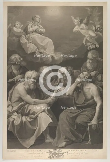 The doctors of the church consulting books and documents and contemplating the Virgin who ..., 1785. Creators: William Sharp, George Farington.