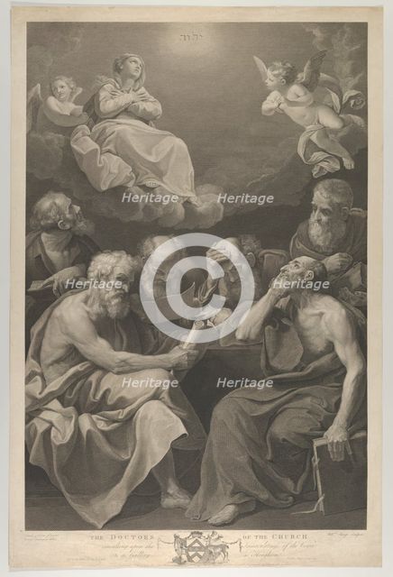 The doctors of the church consulting books and documents and contemplating the Virgin who ..., 1785. Creators: William Sharp, George Farington.