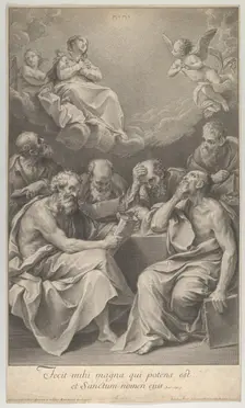The doctors of the church consulting books and documents and contemplating the Virgin ..., ca. 1722. Creator: Johann Jakob Frey the Elder