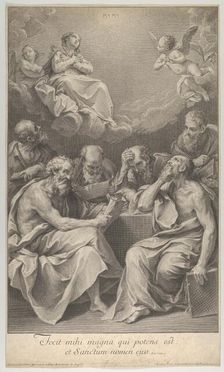 The doctors of the church consulting books and documents and contemplating the Virgin ..., ca. 1722. Creator: Johann Jakob Frey the Elder