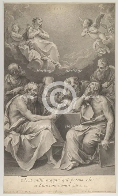 The doctors of the church consulting books and documents and contemplating the Virgin ..., ca. 1722. Creator: Johann Jakob Frey the Elder.