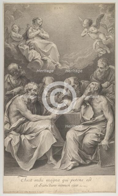 The doctors of the church consulting books and documents and contemplating the Virgin ..., ca. 1722. Creator: Johann Jakob Frey the Elder.