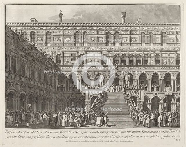 The Doge Crowned on the Scala dei Giganti of the Ducal Palace, 1763/1766. Creator: Giovanni Battista Brostoloni.