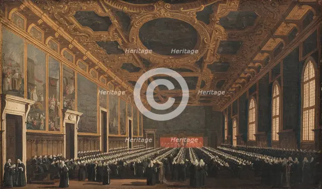 The Doge and Grand Council in Sala del Maggior Consiglio, 1761-1765. Creator: Canaletto.