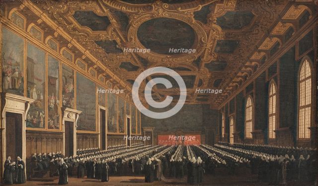 The Doge and Grand Council in Sala del Maggior Consiglio, 1761-1765. Creator: Canaletto.