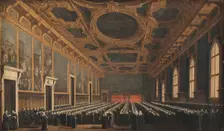 The Doge and Grand Council in Sala del Maggior Consiglio, 1761-1765. Creator: Canaletto
