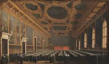 The Doge and Grand Council in Sala del Maggior Consiglio, c1763. Creator: Canaletto (1697-1768)