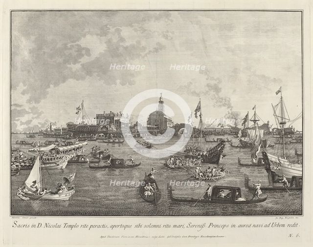 The Doge in the Bucintoro Leaving San Nicolò di Lido, 1763/1766. Creator: Giovanni Battista Brostoloni.