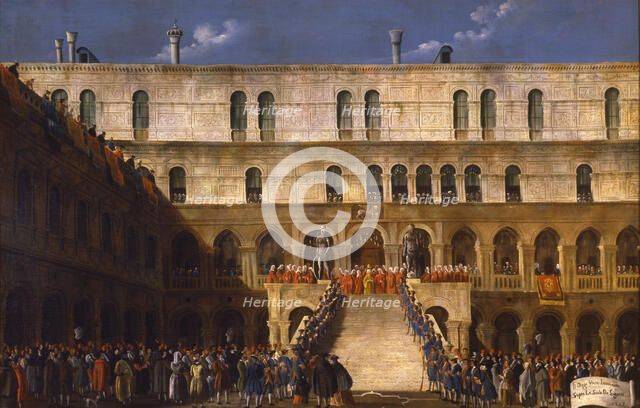 The Doge's coronation on the Scala dei Giganti in the courtyard of the Doge's Palace, 1779-1792. Creator: Bella, Gabriele (1730-1799).