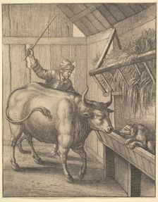 The dog in the manger from illustration to John Ogilby's Æsopic's: Or A Second Collection..., 1666. Creator: Wenceslaus Hollar