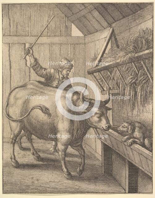 The dog in the manger from illustration to John Ogilby's 'Æsopic's: Or A Second Collection..., 1666. Creator: Wenceslaus Hollar.