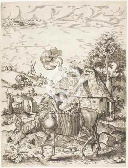The Donkey Laden with Food, from Emblematic Figures of Animals, 1633. Creator: Adriaen van de Venne.