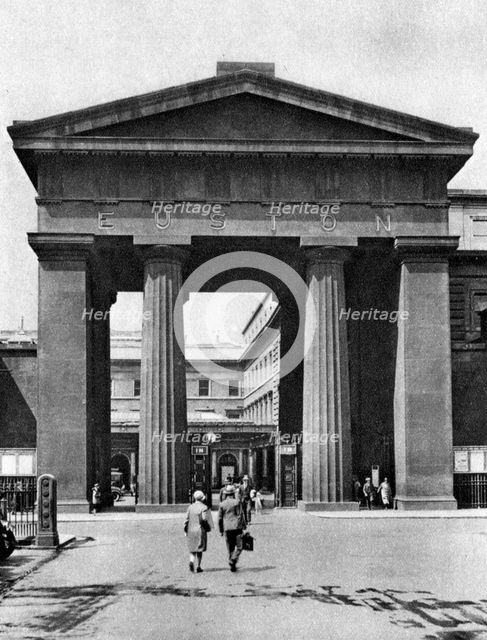 The doric arch leading to Euston Station, London, 1926-1927.Artist: McLeish